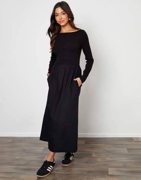 Threadbare 2-in-1 jersey poplin mix slash neck long sleeve dress in black - view 1
