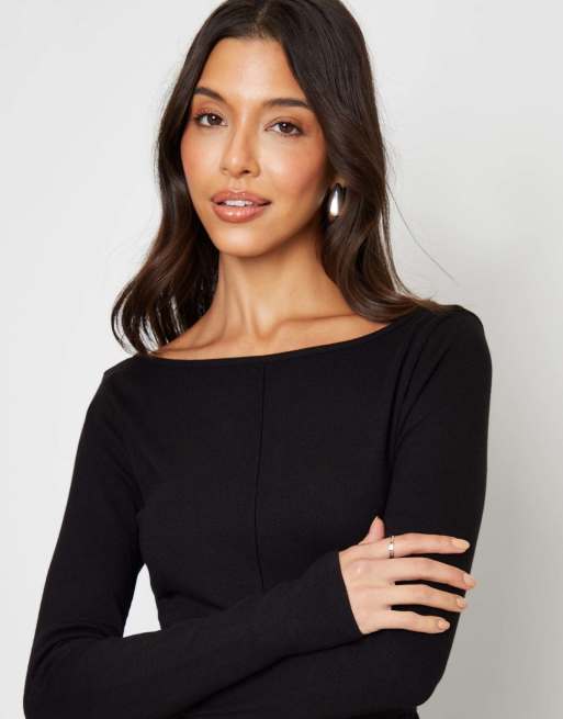 Threadbare 2-in-1 jersey poplin mix slash neck long sleeve dress in black, 2 of 4