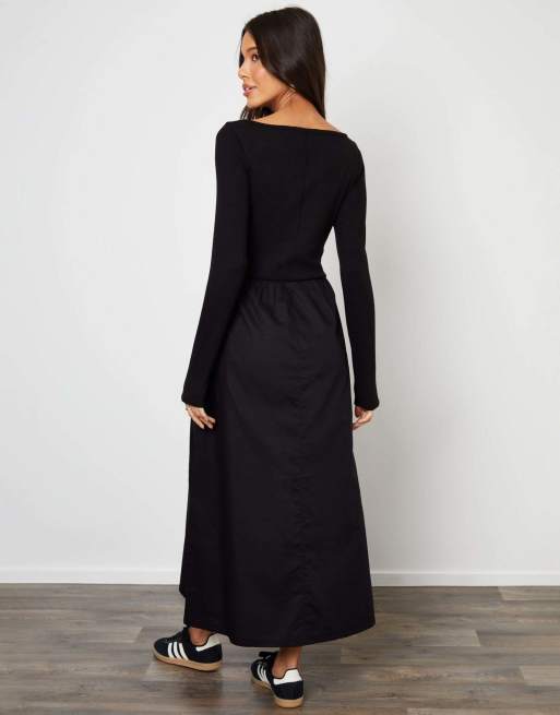 Threadbare 2-in-1 jersey poplin mix slash neck long sleeve dress in black, 3 of 4