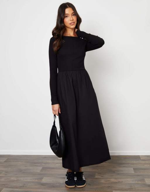 Threadbare 2-in-1 jersey poplin mix slash neck long sleeve dress in black, 4 of 4