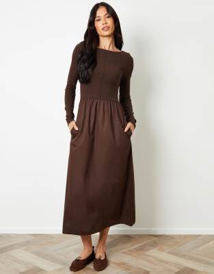 Threadbare 2-in-1 jersey poplin mix slash neck long sleeve dress in chocolate | ASOS
