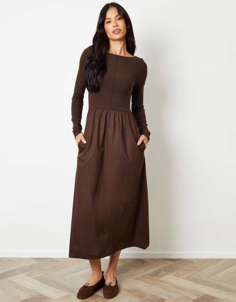 Threadbare 2-in-1 jersey poplin mix slash neck long sleeve dress in chocolate - view 1