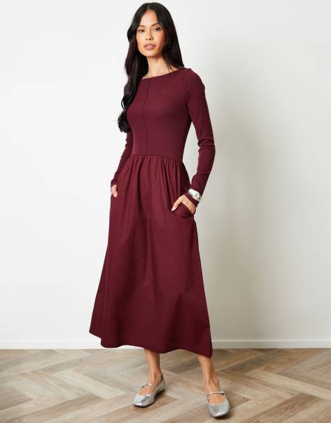 Threadbare 2-in-1 jersey poplin mix slash neck long sleeve dress in wine - view 1