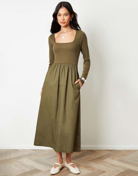 Threadbare 2-in-1 jersey poplin mix square neck long sleeve dress in khaki - view 1