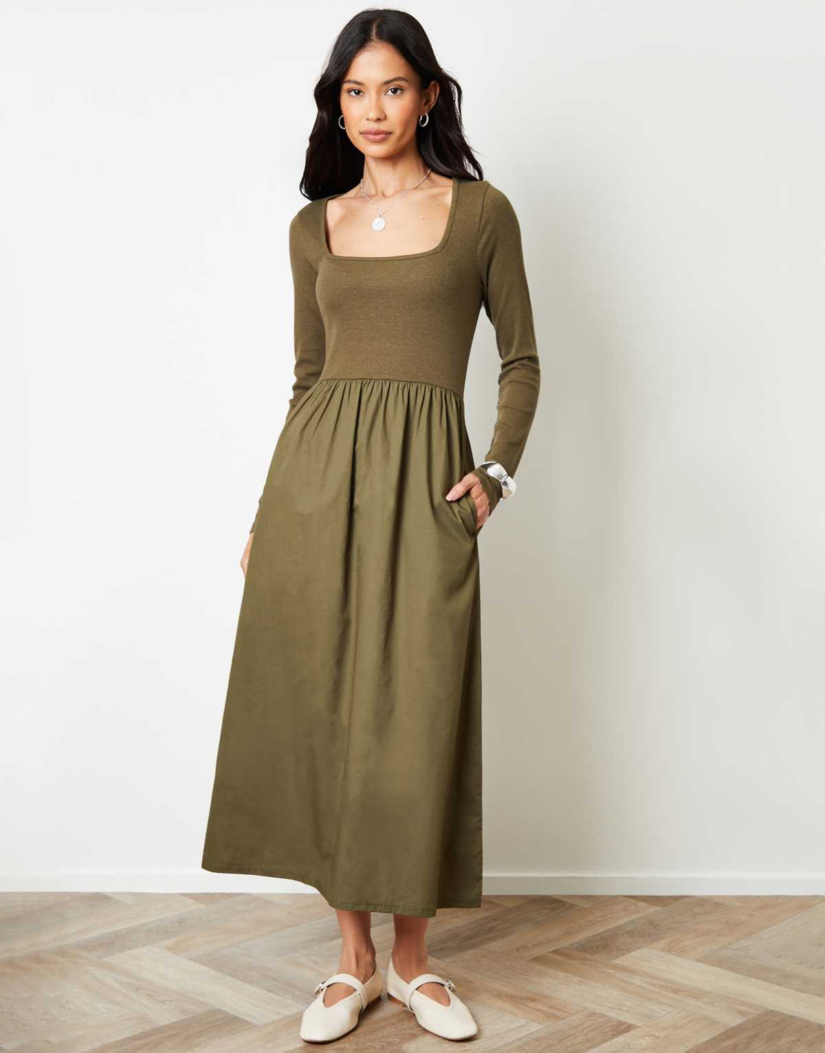 Threadbare 2-in-1 jersey poplin mix square neck long sleeve dress in khaki