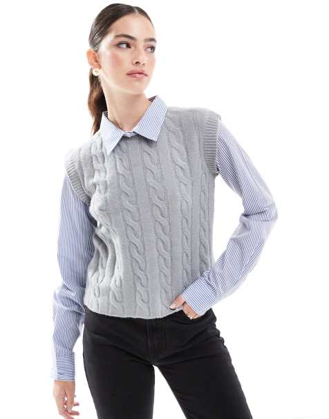 Threadbare 2 in 1 jumper and shirt in grey and blue  - view 1