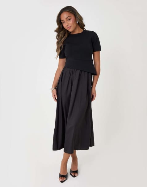 Threadbare 2 in 1 satin knit midaxi dress in black - view 1