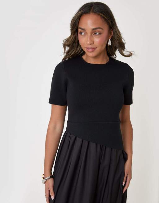 Threadbare 2 in 1 satin knit midaxi dress in black, 3 of 5