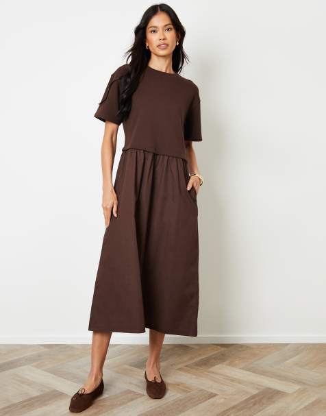 Threadbare 2-in-1 sweat dress with poplin skirt in chocolate - view 1