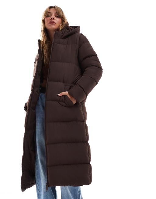 Threadbare in zip off longline gilet and puffer coat in brown