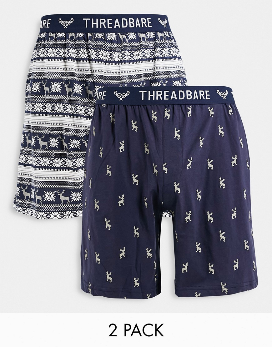 Threadbare 2 Pack Christmas Stag Lounge Shorts In Navy