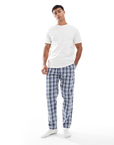 Threadbare 2-pack cotton poplin check lounge pants in blue - view 1