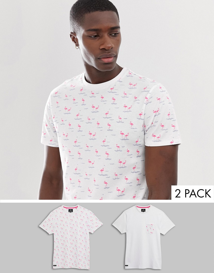 Threadbare – 2-pack flamingomönstrade t-shirtar-Vit
