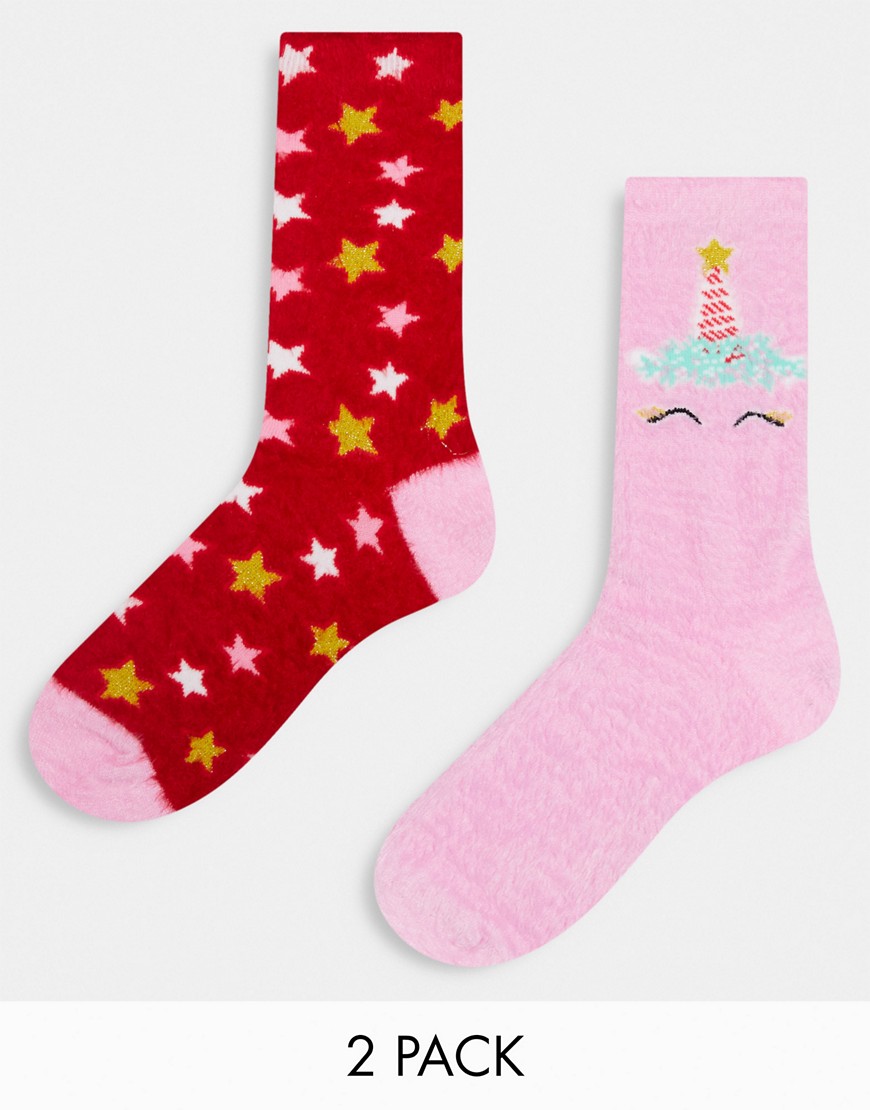 Threadbare 2 Pack Fluffy Star And Unicorn Socks In Pink And Red