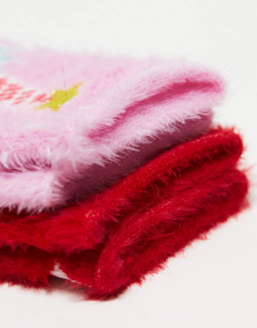 Threadbare 2 pack fluffy star and unicorn socks in pink and red, 2 of 4