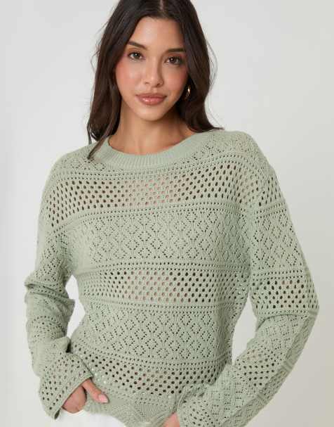 Threadbare 2 pack long sleeve pointelle crochet knit jumper in sage green & white - view 1