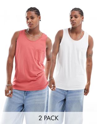 2 pack pocket tank top in mineral red & off white