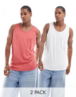 Threadbare Threadbare 2 pack pocket vest in mineral red & off white