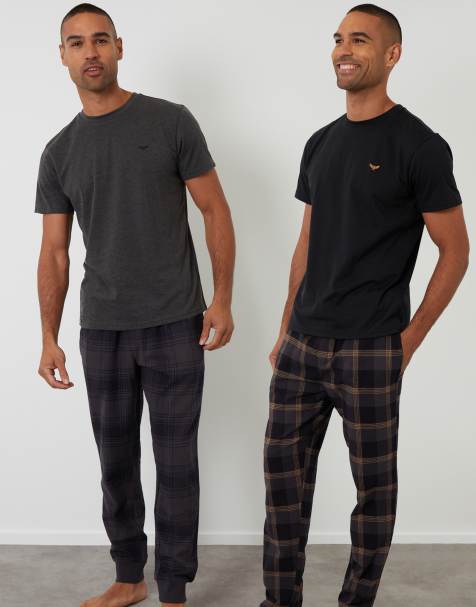 Threadbare 2-pack short sleeve top & check pants pyjama sets in black - view 1