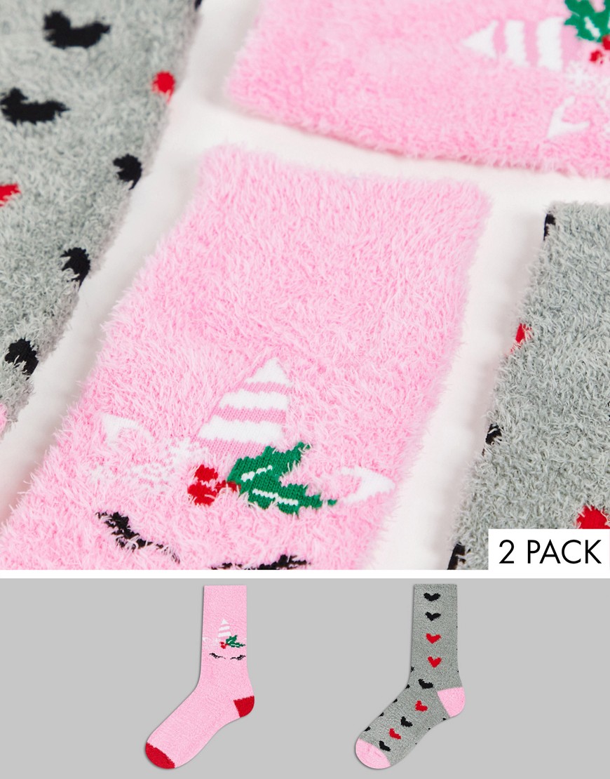 Threadbare 2 pack unicorn cozy socks in pink and gray
