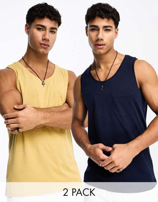 Threadbare 2 pack vests in navy & stone