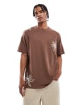 [Threadbare] Threadbare 200 GSM cotton short sleeve t-shirt in brown with flower embroidery 2XL BROWN