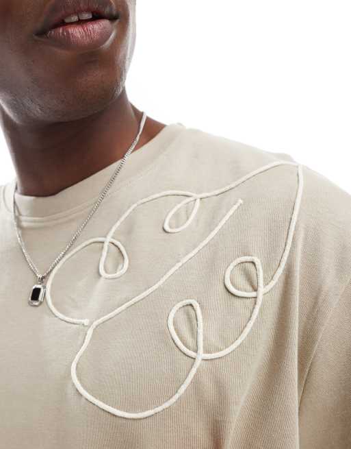 Threadbare 200 GSM cotton t-shirt with embroidered detail in stone, 2 of 4