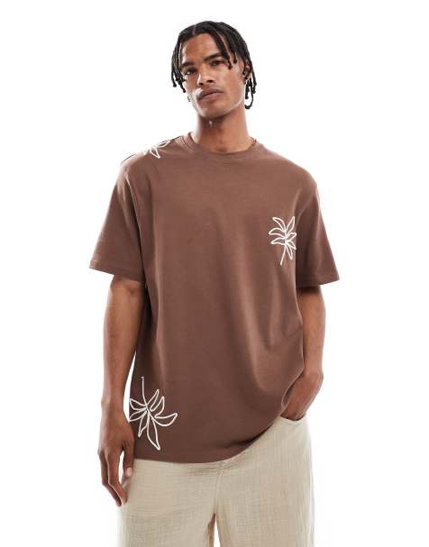 Threadbare 200gsm cotton short sleeve T-shirt in brown with flower embroidery - view 1