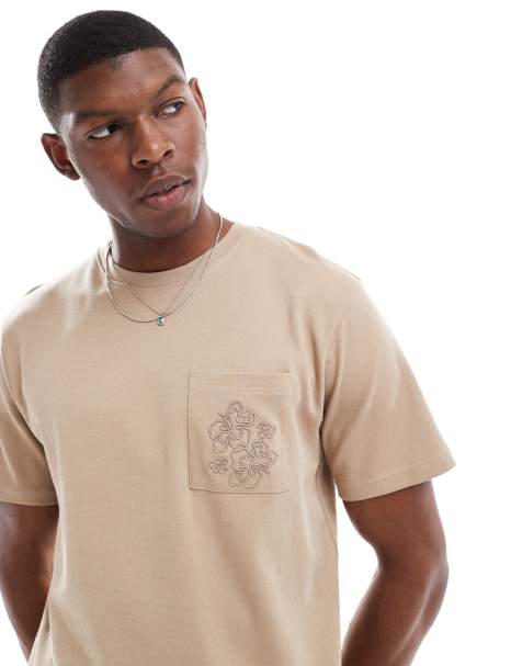 Threadbare 200GSM short sleeve t-shirt with embroidered pocket in stone - view 1