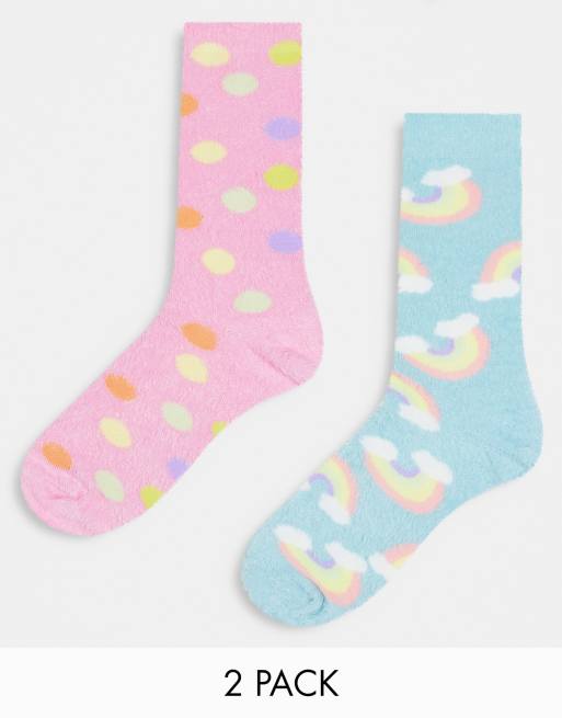 Threadbare – 2er-Pack flauschige Socken in Pastell-Flieder und Blau mit Regenbogen-Motiv