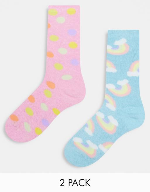 Threadbare – 2er-Pack flauschige Socken in Pastell-Flieder und Blau mit Regenbogen-Motiv