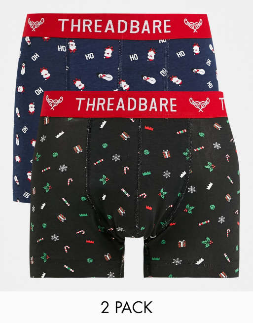 Threadbare – 2er-Pack Unterhosen in Schwarz und Marineblau mit weihnachtlichem Print