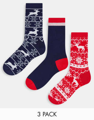 Threadbare 3 pack christmas fairisle socks in red and navy