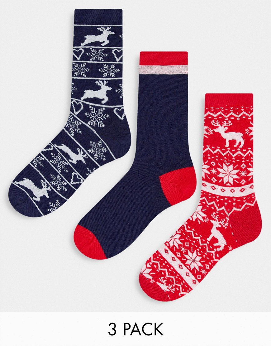 Threadbare 3-pack Christmas Fairisle socks in red and navy