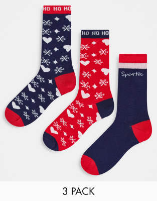 Threadbare 3 Pack Christmas Sparkle Socks In Red And Navy