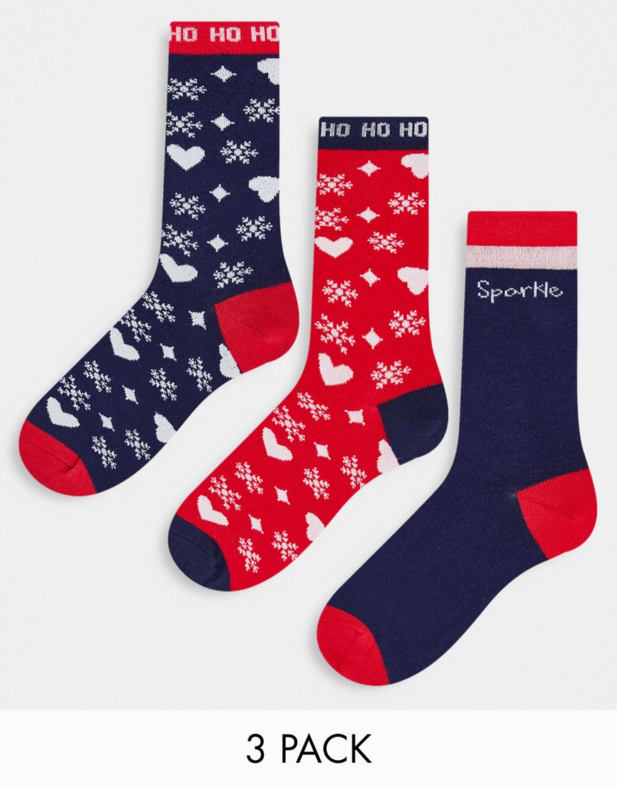 Threadbare 3 Pack Christmas Sparkle Socks In Red And Navy