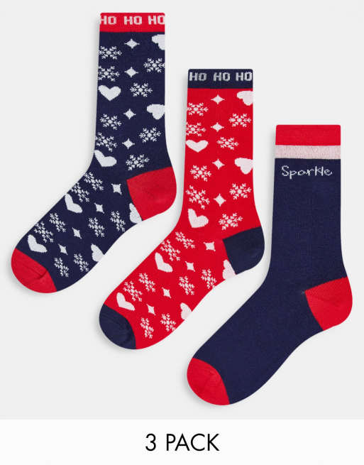 Threadbare 3 pack christmas sparkle socks in red and navy