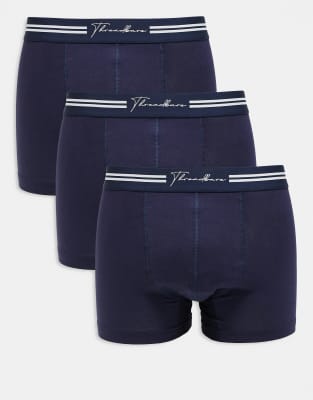 Threadbare 3 pack cotton boxers with logo waistband in navy - view 1