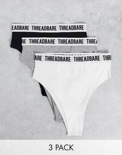 Threadbare 3 pack high waisted logo briefs in white / grey / black