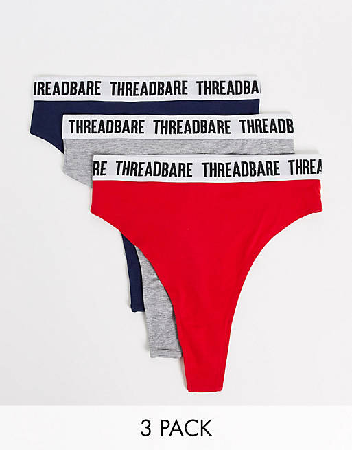 Threadbare 3 pack high waisted logo thong in gray / red / navy