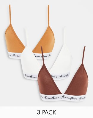 Threadbare Threadbare 3 pack logo triangle bralet in cream / tan / brown