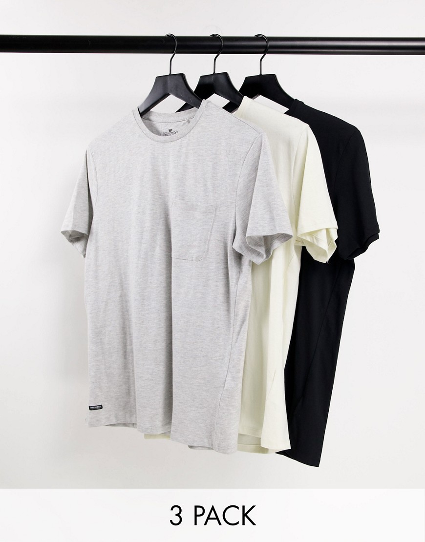 Threadbare – 3er-Pack T-Shirts mit Brusttasche in Schwarz, Hellgrau und Creme