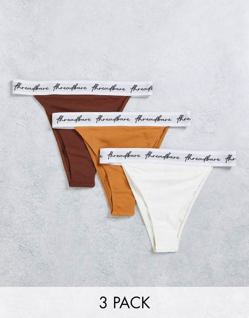 Threadbare – 3er-Pack Tangas in Creme/Hellbraun/Braun mit Logo