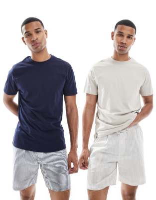 Threadbare Threadbare 4 pack cotton poplin pyjama set in stone and navy stripe-Multi