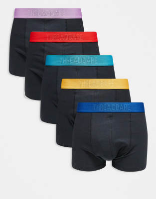 Threadbare 5 Pack Hipster Boxers With Contrast Logo Waistband In Black