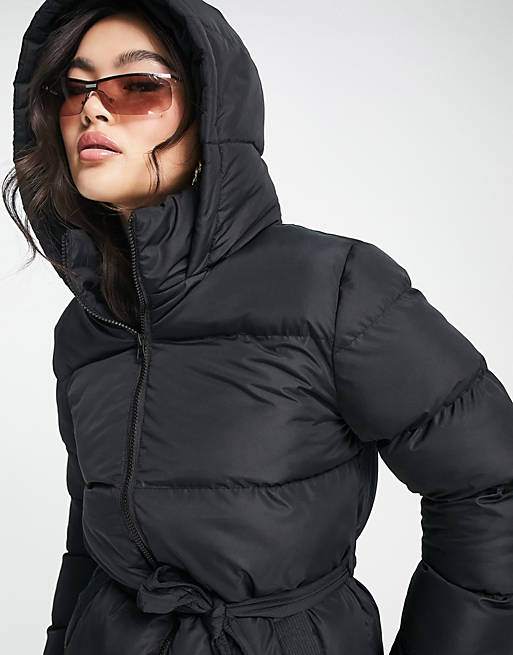 Omhoog Kinderrijmpjes gewicht Threadbare - Addison - Gewatteerde maxi puffer jas met riem in zwart | ASOS