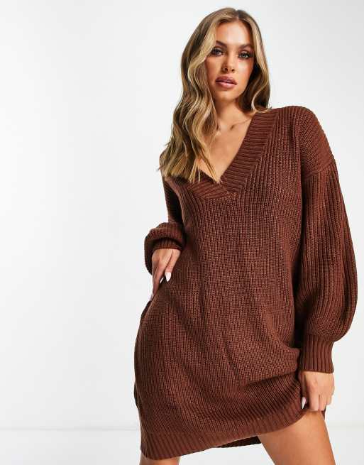 Threadbare Adeline v neck jumper dress in chocolate brown