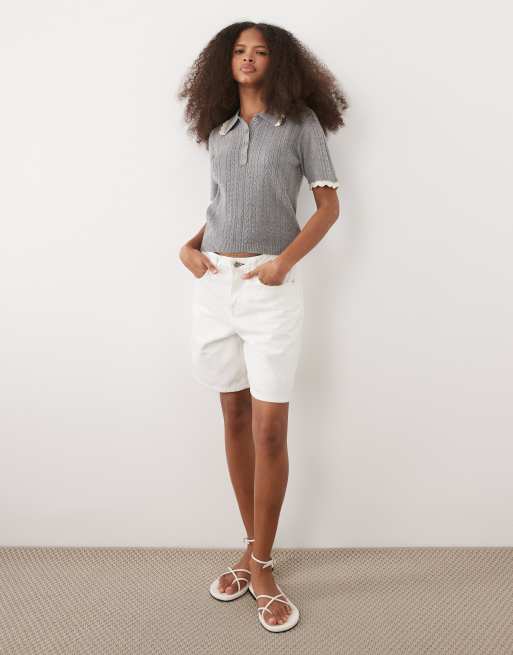 Threadbare - Ajourgebreide polotop met korte mouwen en gekleurd randje in grijs , 2 van 4