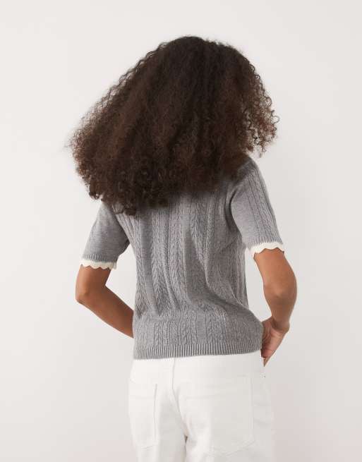Threadbare - Ajourgebreide polotop met korte mouwen en gekleurd randje in grijs , 3 van 4