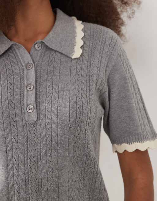 Threadbare - Ajourgebreide polotop met korte mouwen en gekleurd randje in grijs , 4 van 4